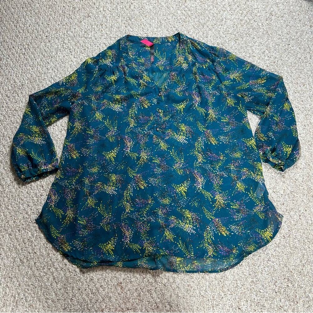Pure Energy Floral Blouse Womens 3 22/24 Sheer Top Button Adjustable Roll Tab